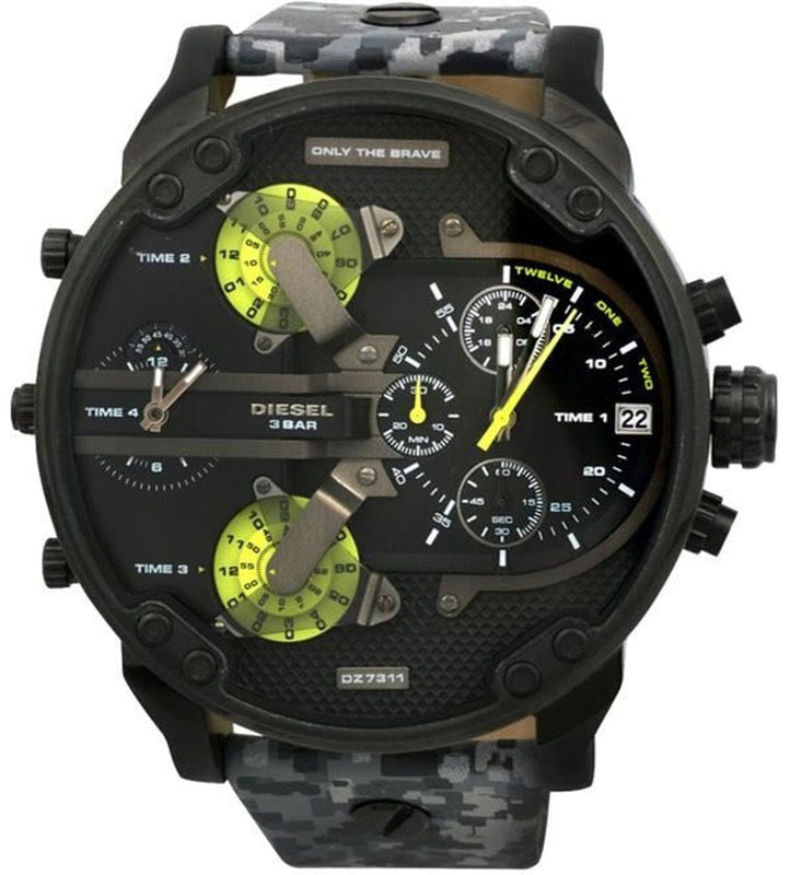 Diesel Big Daddy Chronograph Black Dial Black Leather Strap Watch For Men - DZ7311