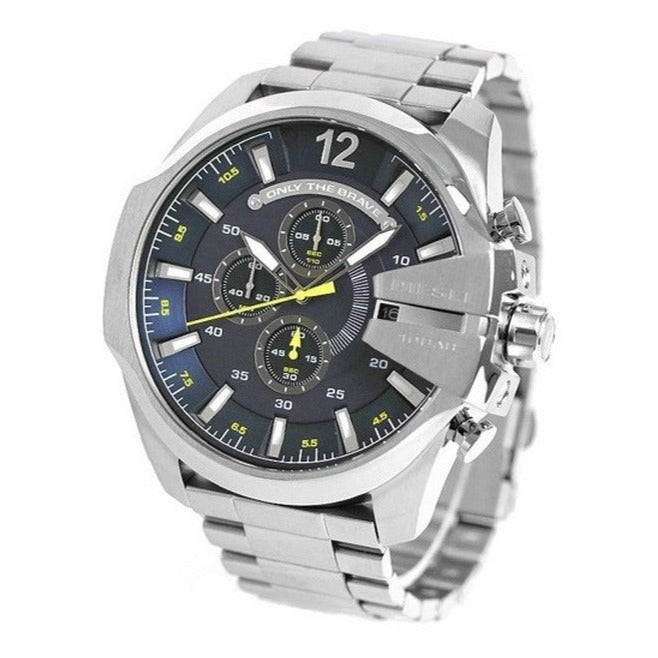 Diesel Mega Chief Chronograph Blue Dial Silver Steel Strap Watch For Men - DZ4465