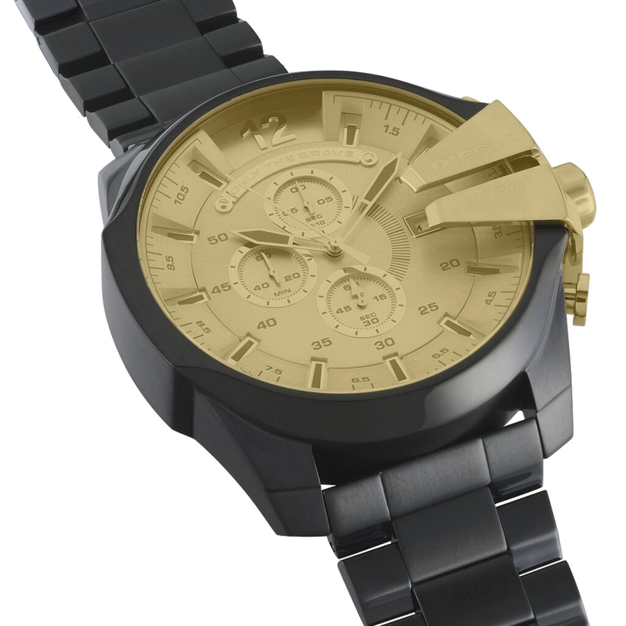 Diesel Mega Chief Chronograph Gold Dial Black Steel Strap Watch For Men - DZ4485