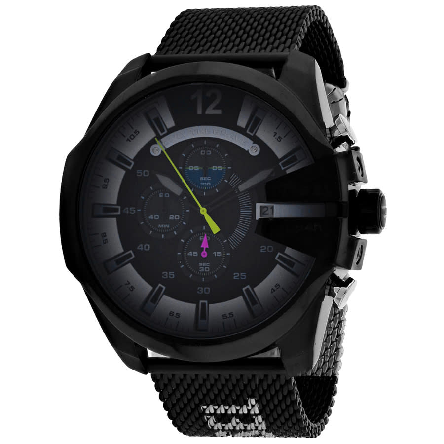 Diesel Mega Chief Chronograph Black Dial Black Mesh Bracelet Watch For Men - DZ4514
