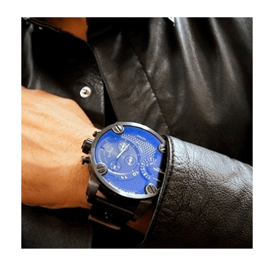 Diesel Little Daddy Blue Dial Black Leather Strap Watch For Men - DZ7257