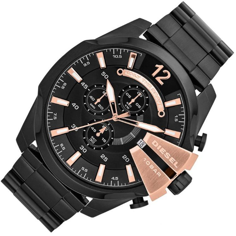 Diesel Mega Chief Black Dial Black Steel Strap Watch For Men - DZ4309