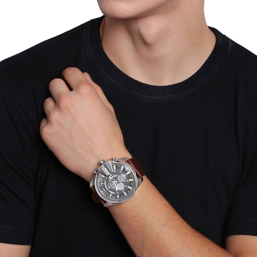 Diesel Mega Chief Black & Silver Round Dial Brown Leather Strap Watch For Men - DZ4290