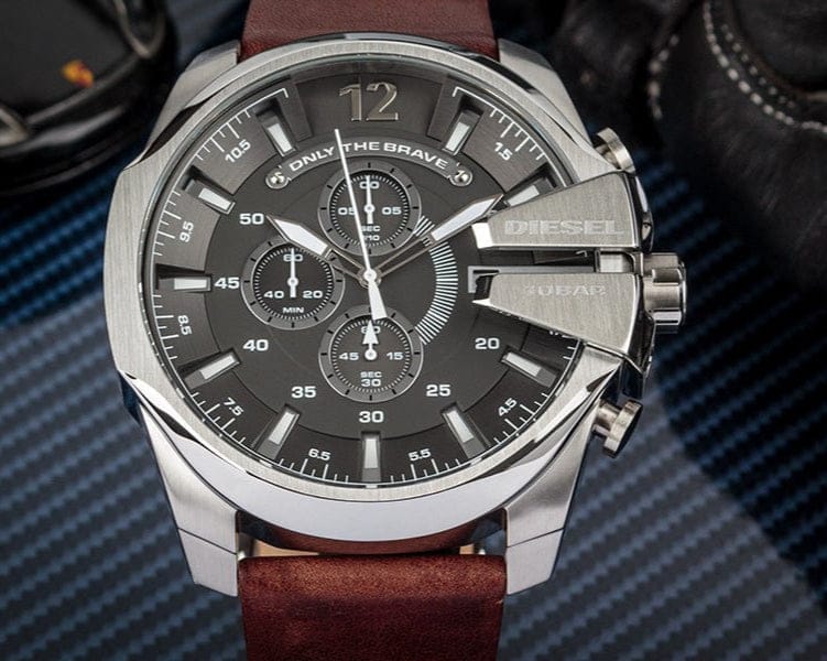 Diesel Mega Chief Black & Silver Round Dial Brown Leather Strap Watch For Men - DZ4290