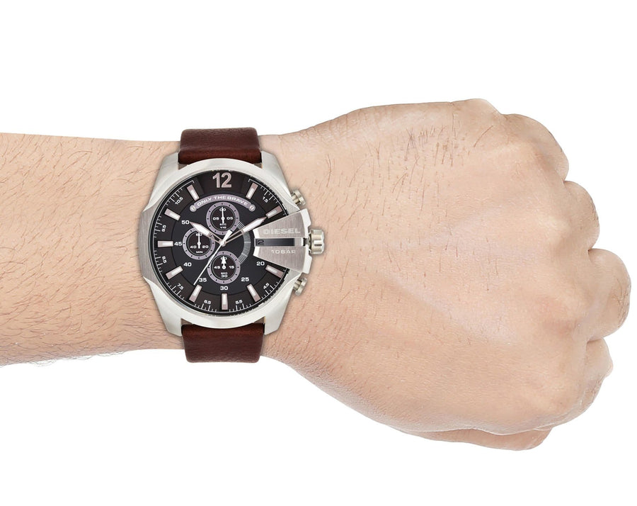 Diesel Mega Chief Black & Silver Round Dial Brown Leather Strap Watch For Men - DZ4290