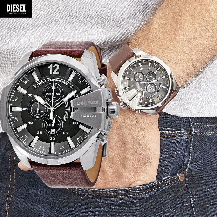 Diesel Mega Chief Black & Silver Round Dial Brown Leather Strap Watch For Men - DZ4290