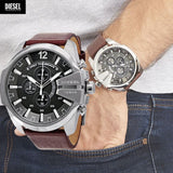 Diesel Mega Chief Black & Silver Round Dial Brown Leather Strap Watch For Men - DZ4290
