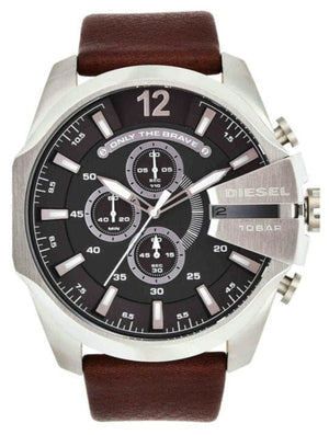 Diesel Mega Chief Black & Silver Round Dial Brown Leather Strap Watch For Men - DZ4290