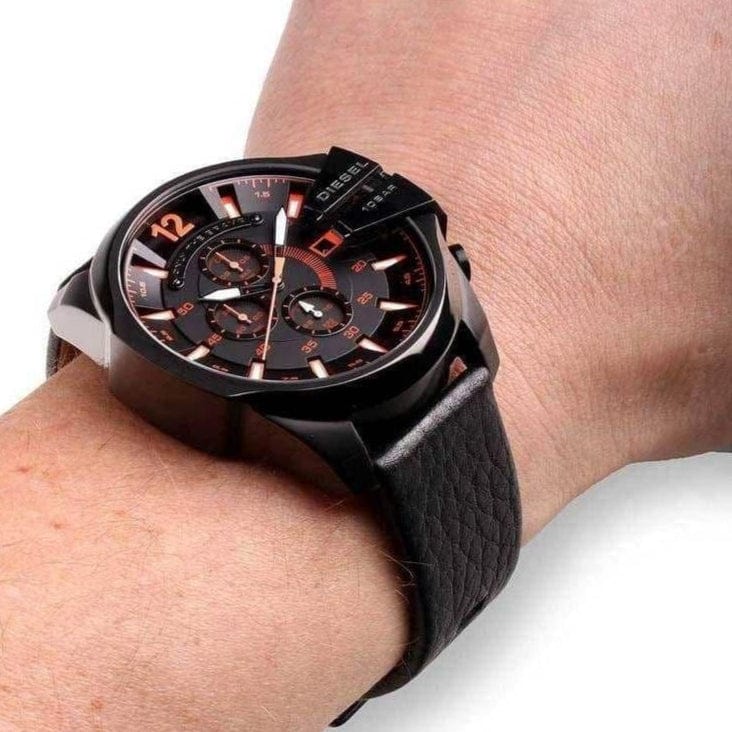Diesel Mega Chief Chronograph Black Dial Black Leather Strap Watch For Men - DZ4291