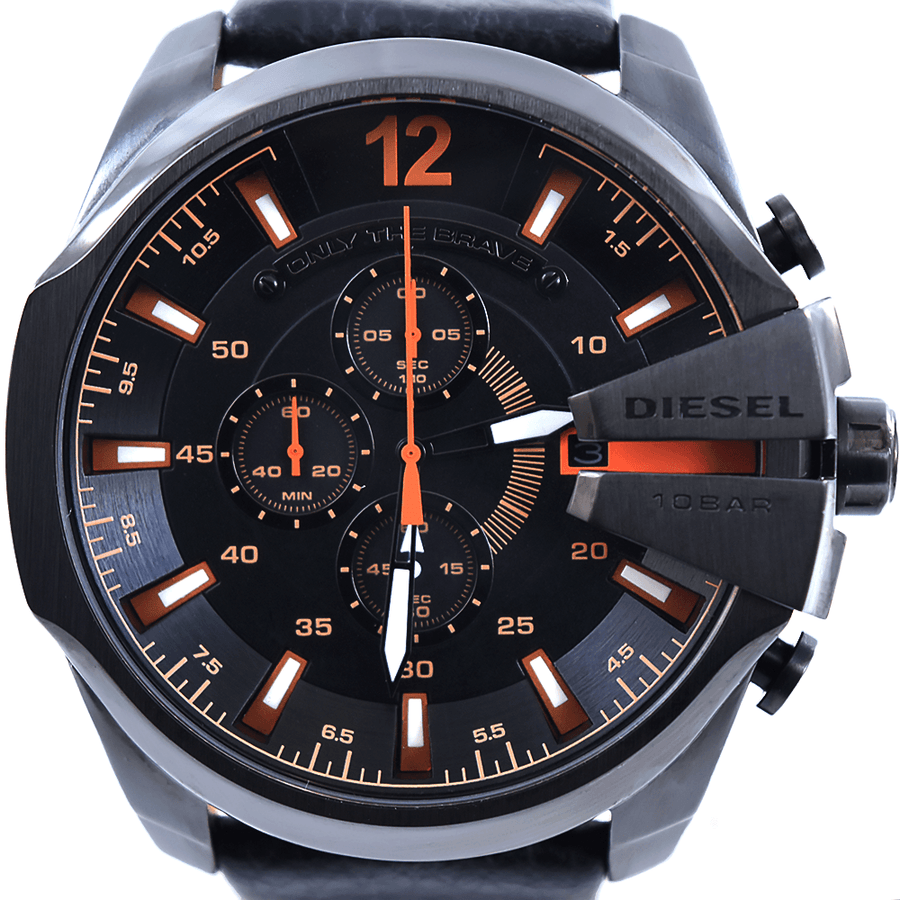 Diesel Mega Chief Chronograph Black Dial Black Leather Strap Watch For Men - DZ4291