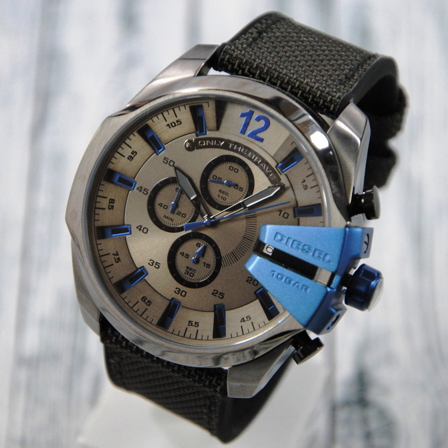 Diesel Mega Chief Chronograph Black Dial Black Leather Strap Watch For Men - DZ4500