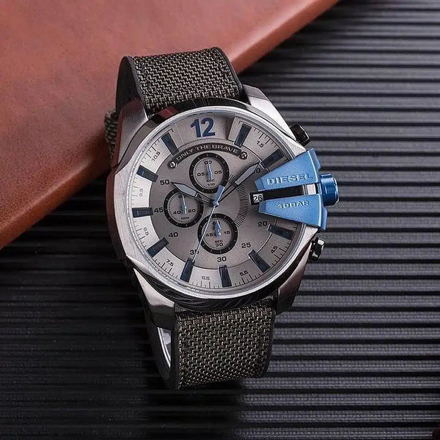 Diesel Mega Chief Chronograph Black Dial Black Leather Strap Watch For Men - DZ4500