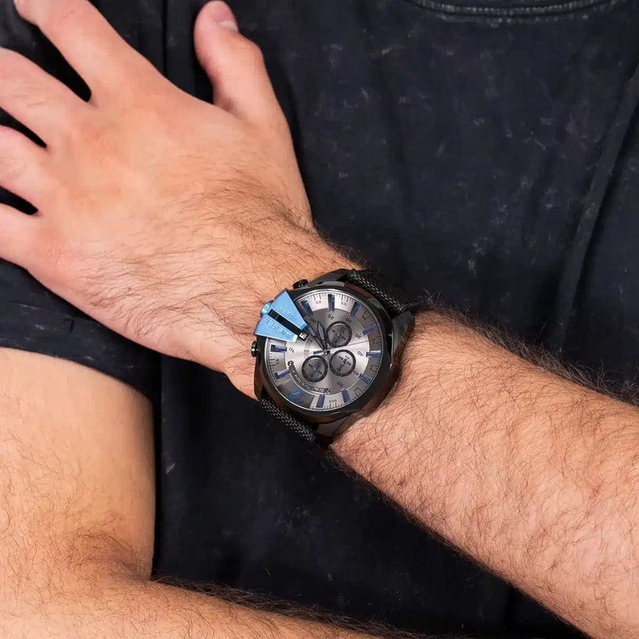 Diesel Mega Chief Chronograph Black Dial Black Leather Strap Watch For Men - DZ4500