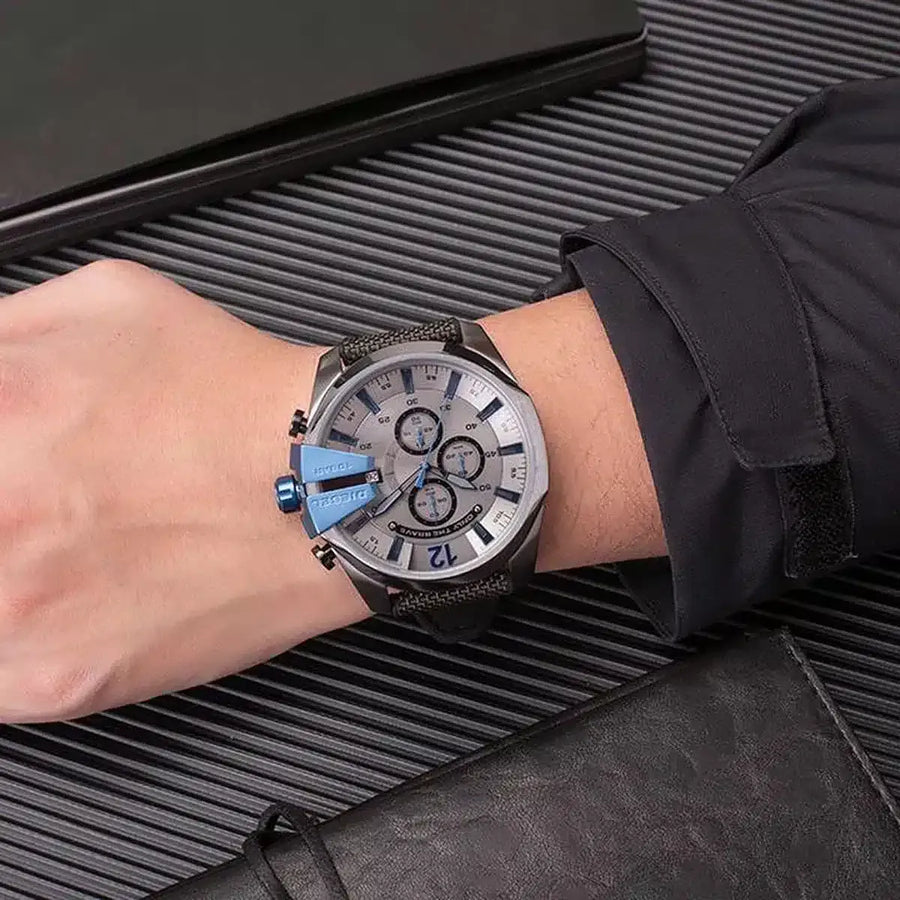 Diesel Mega Chief Chronograph Black Dial Black Leather Strap Watch For Men - DZ4500