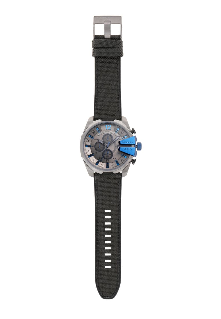 Diesel Mega Chief Chronograph Black Dial Black Leather Strap Watch For Men - DZ4500