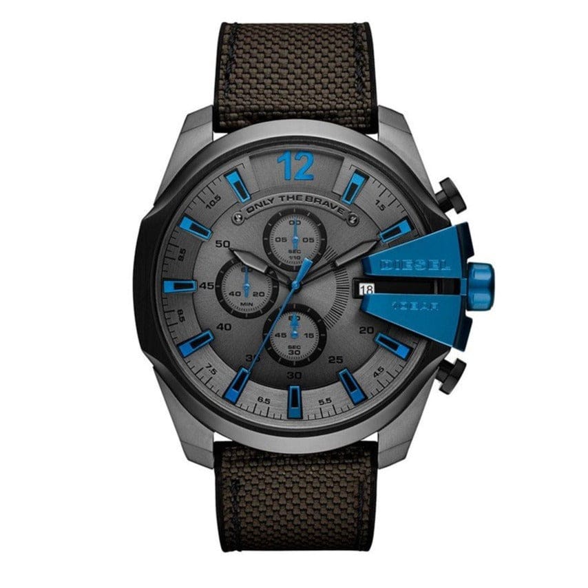 Diesel Mega Chief Chronograph Black Dial Black Leather Strap Watch For Men - DZ4500