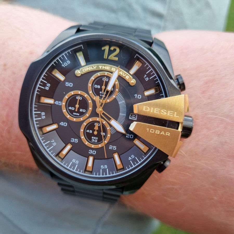 Diesel Mega Chief Chronograph Black Dial Black Steel Strap Watch For Men - DZ4338