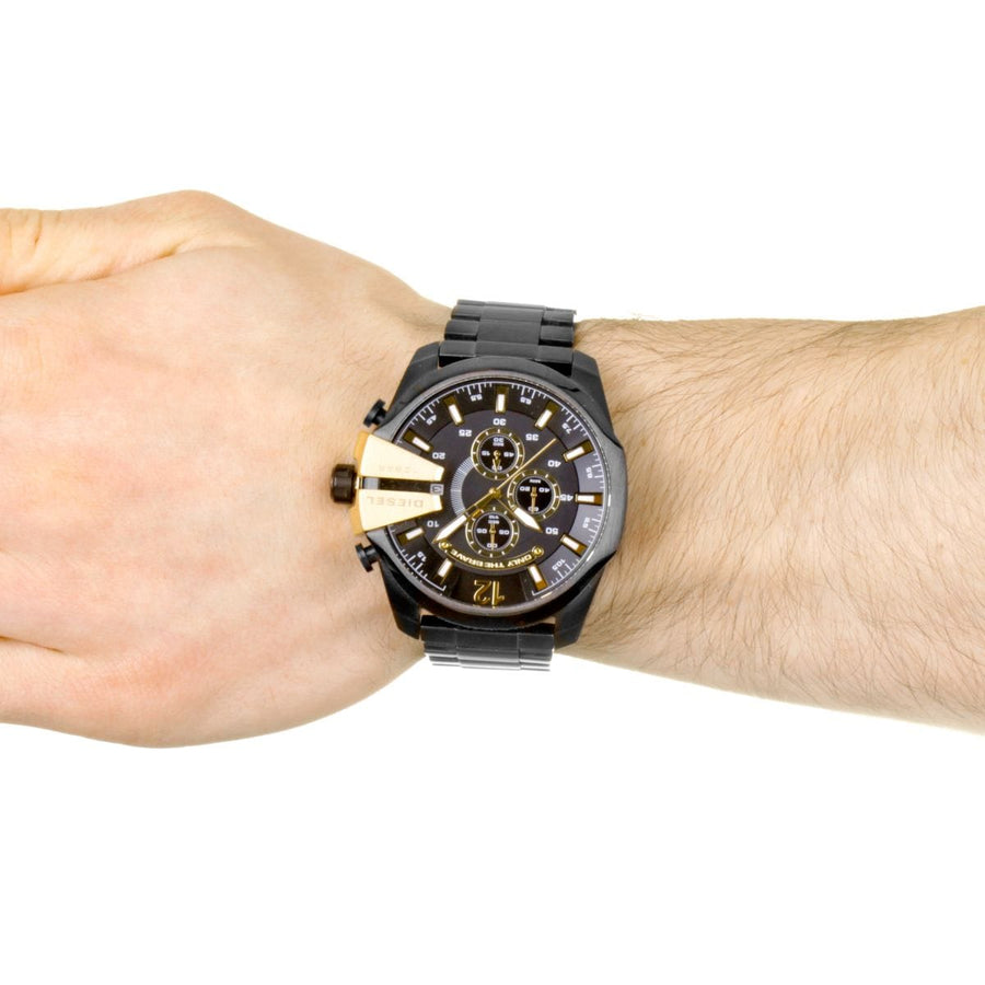 Diesel Mega Chief Chronograph Black Dial Black Steel Strap Watch For Men - DZ4338