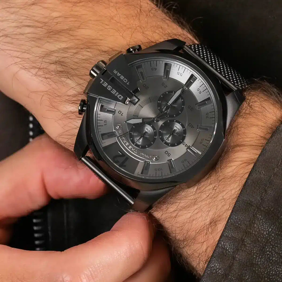 Diesel Mega Chief Chronograph Black Dial Black Steel Strap Watch For Men - DZ4527