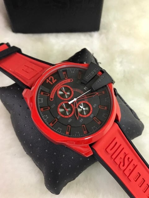 Diesel Mega Chief Chronograph Black Dial Red Rubber Strap Watch For Men - DZ4526