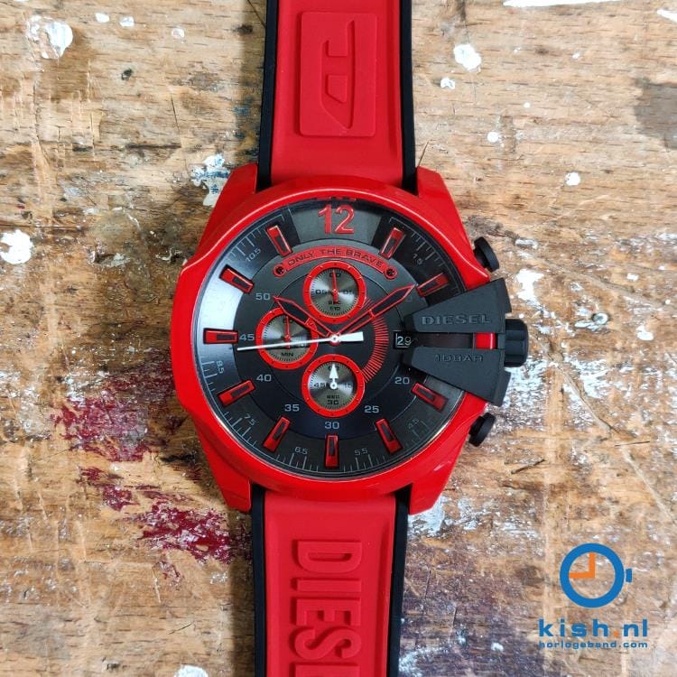 Diesel Mega Chief Chronograph Black Dial Red Rubber Strap Watch For Men - DZ4526