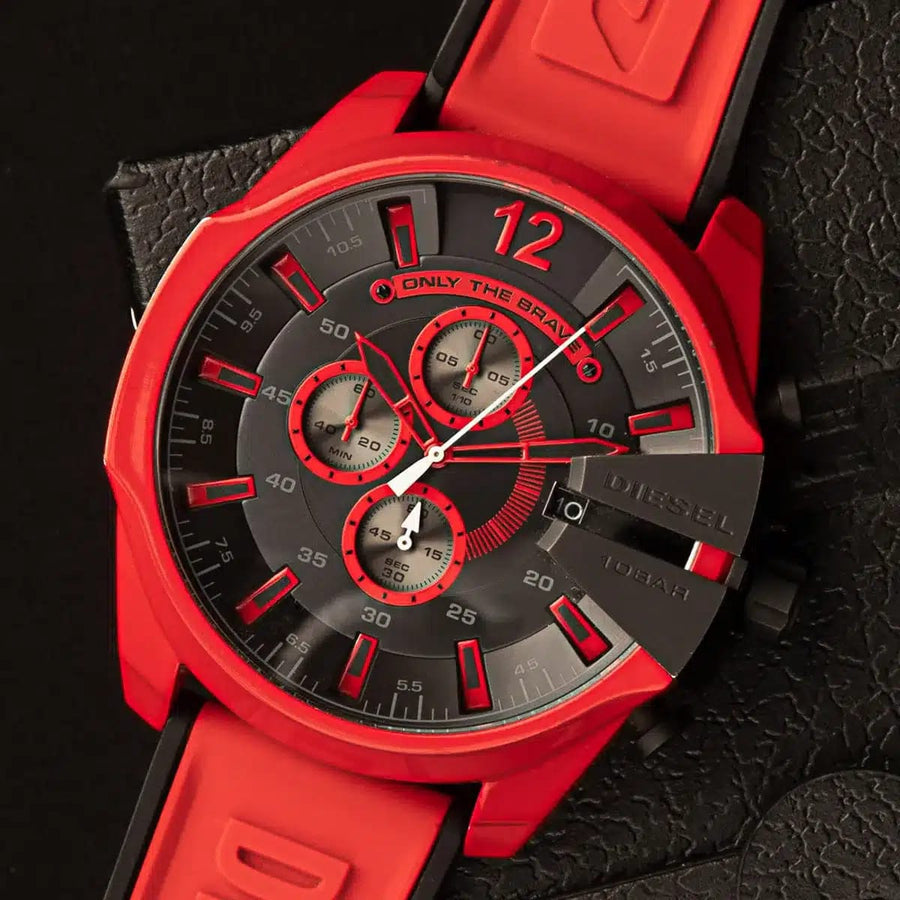 Diesel Mega Chief Chronograph Black Dial Red Rubber Strap Watch For Men - DZ4526