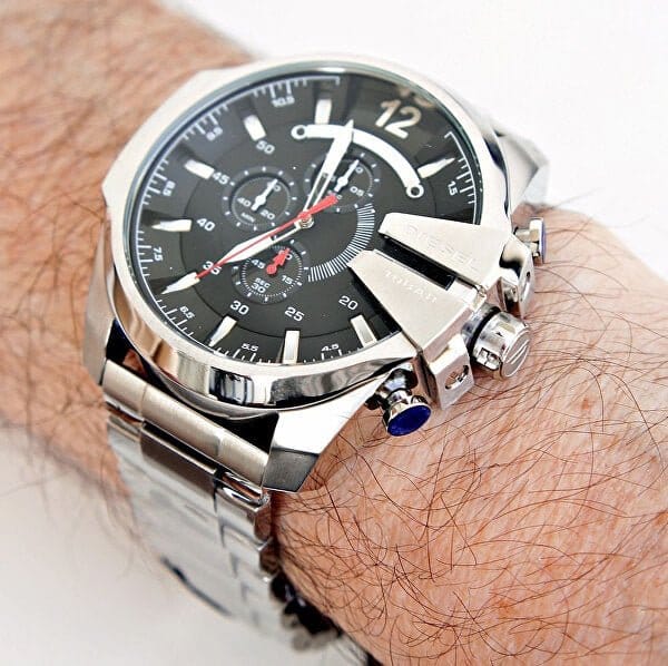 Diesel Mega Chief Chronograph Black Dial Silver Steel Strap Watch For Men - DZ4308