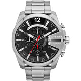 Diesel Mega Chief Chronograph Black Dial Silver Steel Strap Watch For Men - DZ4308