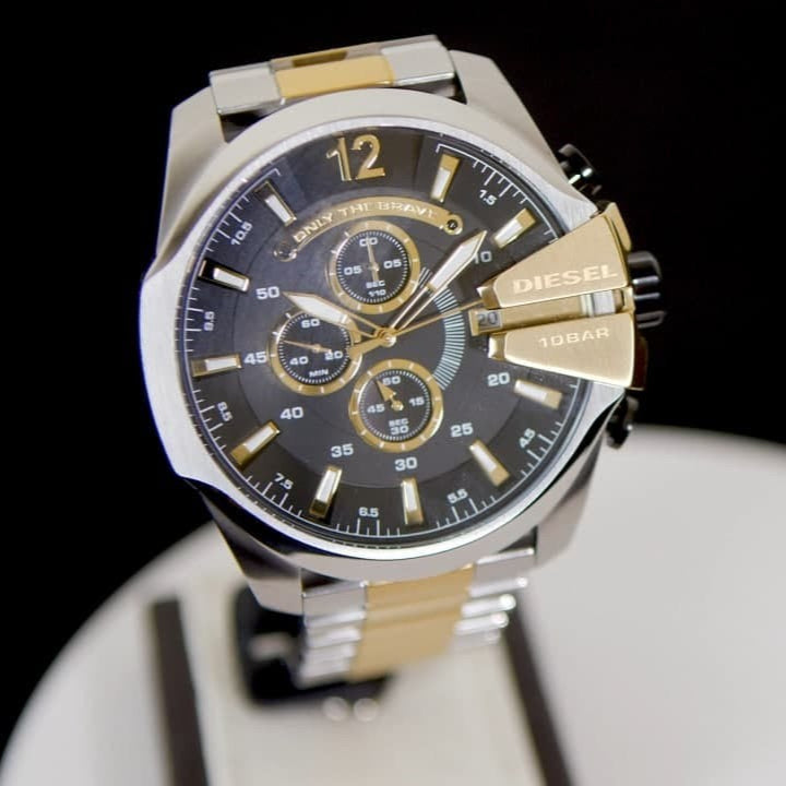Diesel Mega Chief Chronograph Black Dial Two Tone Steel Strap Watch For Men - DZ4581
