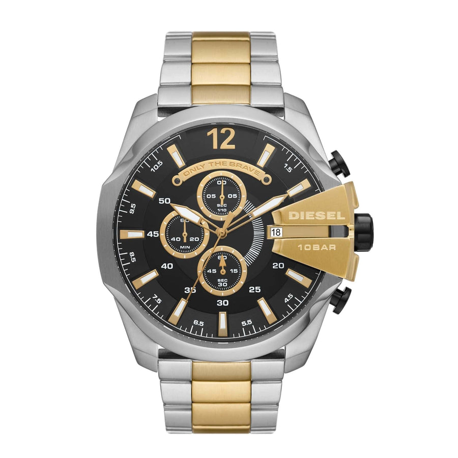 Diesel Mega Chief Chronograph Black Dial Two Tone Steel Strap Watch For Men - DZ4581
