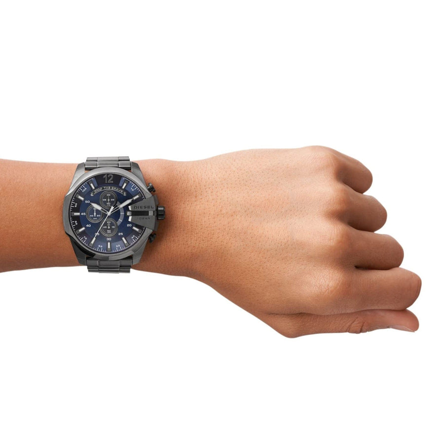 Diesel Mega Chief Chronograph Blue Dial Black Steel Strap Watch For Men - DZ4329