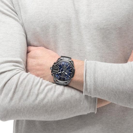 Diesel Mega Chief Chronograph Blue Dial Black Steel Strap Watch For Men - DZ4329