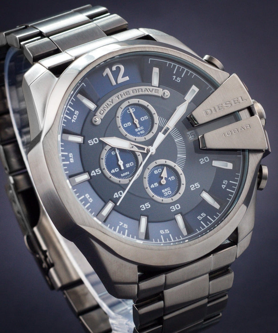 Diesel Mega Chief Chronograph Blue Dial Black Steel Strap Watch For Men - DZ4329