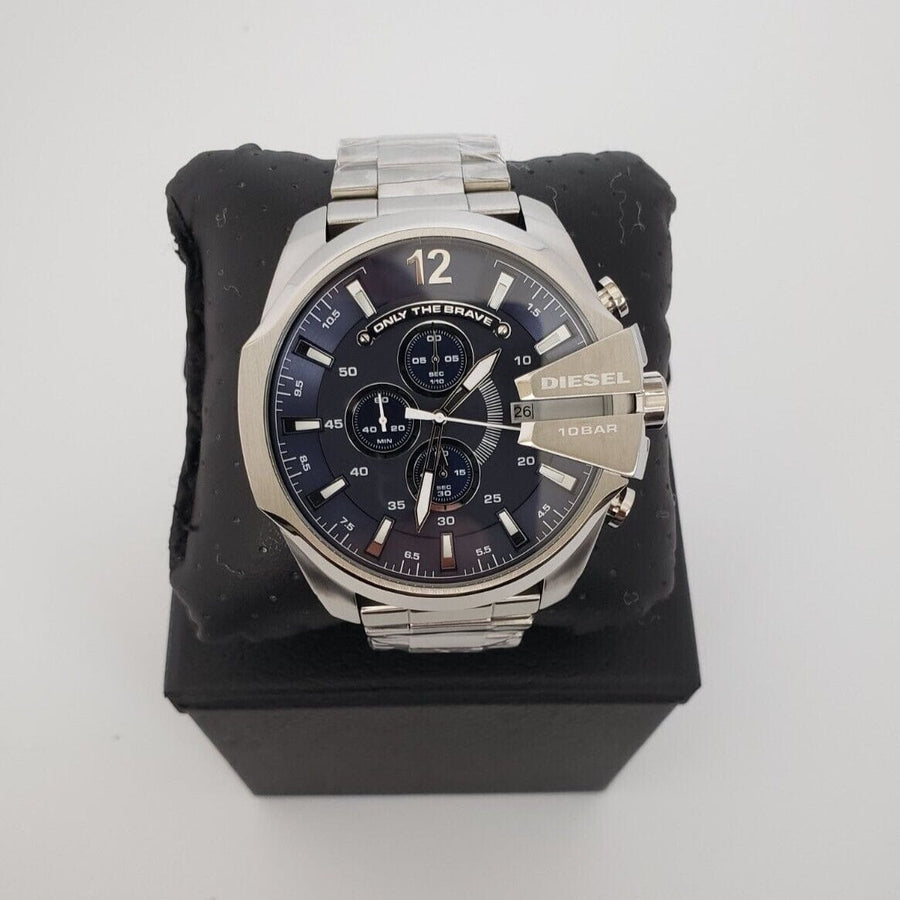 Diesel Mega Chief Chronograph Blue Dial Silver Steel Strap Watch For Men - DZ4417