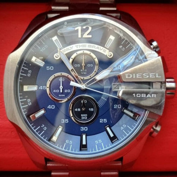 Diesel Mega Chief Chronograph Blue Dial Silver Steel Strap Watch For Men - DZ4417