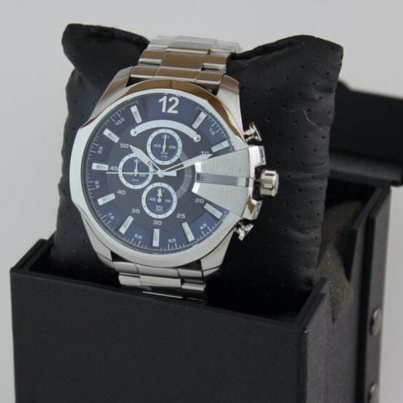 Diesel Mega Chief Chronograph Blue Dial Silver Steel Strap Watch For Men - DZ4417