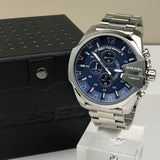 Diesel Mega Chief Chronograph Blue Dial Silver Steel Strap Watch For Men - DZ4417