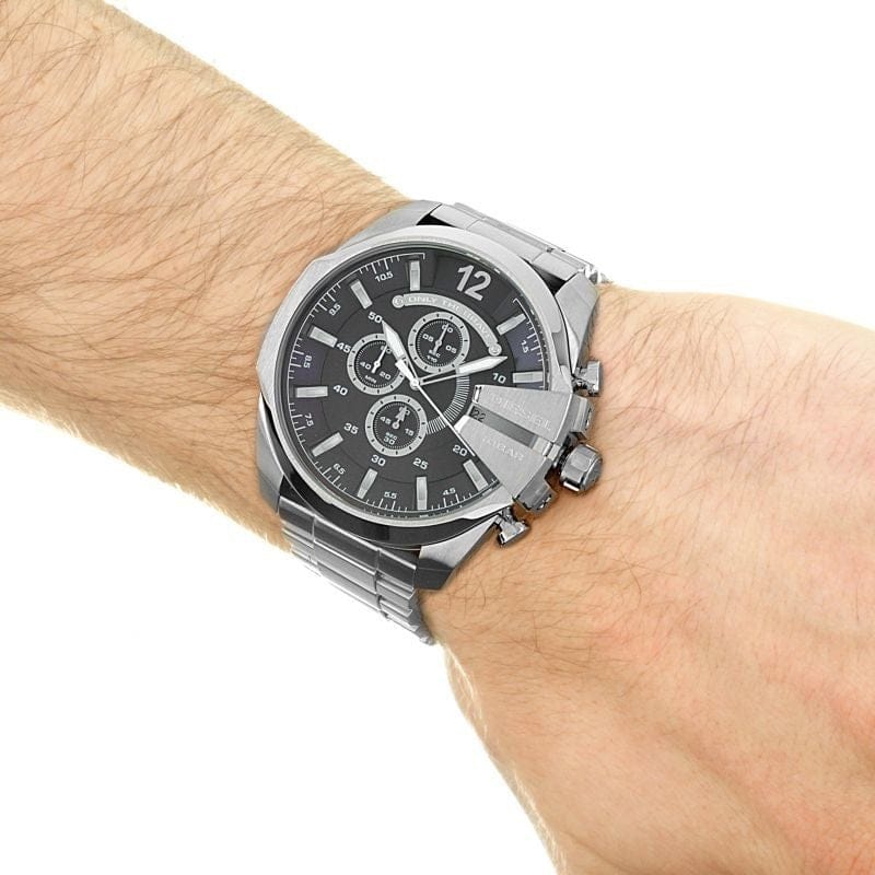 Diesel Mega Chief Chronograph Blue Dial Silver Steel Strap Watch For Men - DZ4417