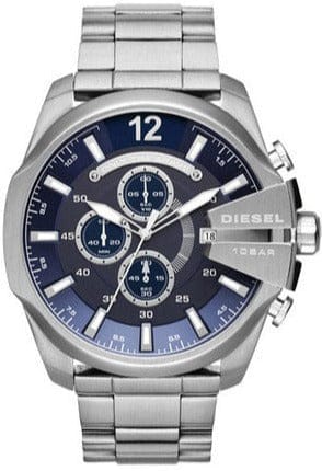 Diesel Mega Chief Chronograph Blue Dial Silver Steel Strap Watch For Men - DZ4417