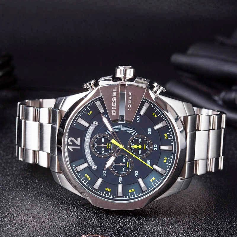Diesel Mega Chief Chronograph Blue Dial Silver Steel Strap Watch For Men - DZ4465