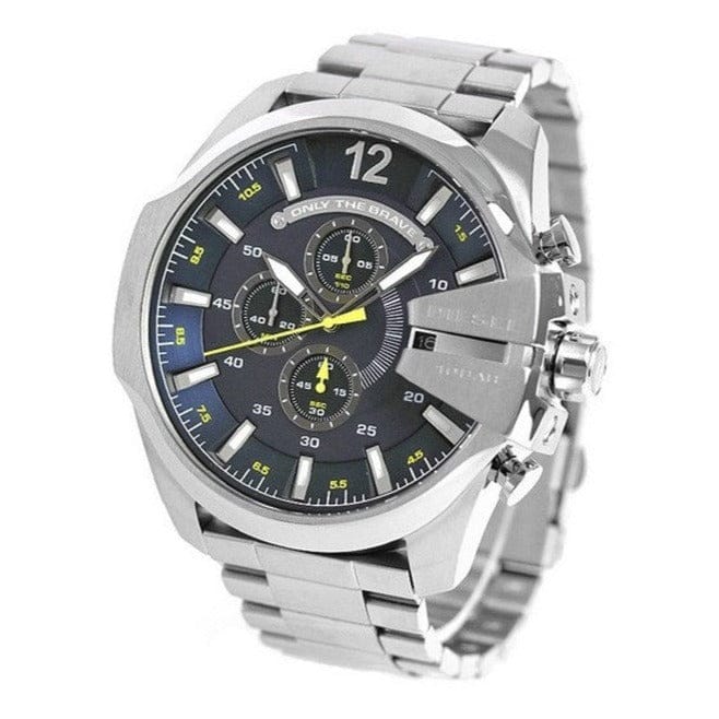 Diesel Mega Chief Chronograph Blue Dial Silver Steel Strap Watch For Men - DZ4465