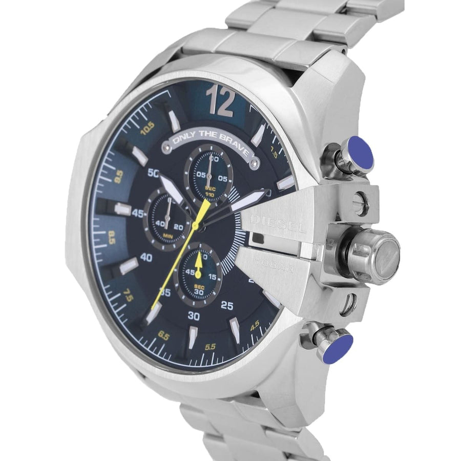 Diesel Mega Chief Chronograph Blue Dial Silver Steel Strap Watch For Men - DZ4465