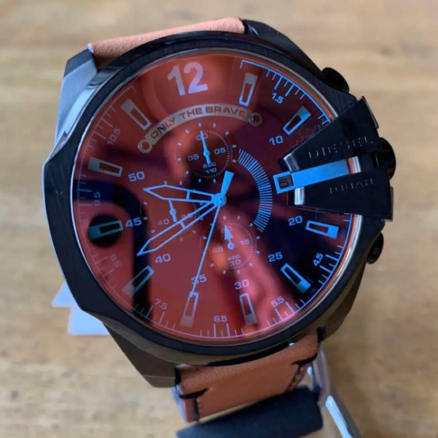 Diesel Mega Chief Chronograph Copper Dial Brown Leather Strap Watch For Men - DZ4476