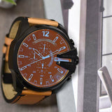 Diesel Mega Chief Chronograph Copper Dial Brown Leather Strap Watch For Men - DZ4476