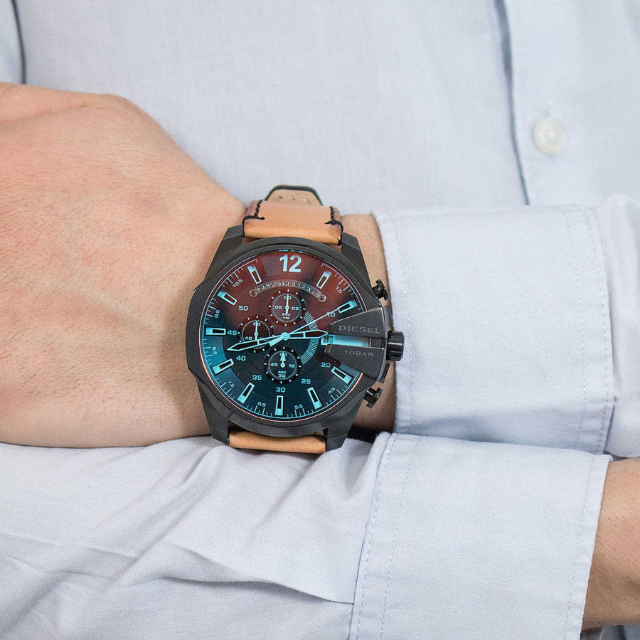 Diesel Mega Chief Chronograph Copper Dial Brown Leather Strap Watch For Men - DZ4476