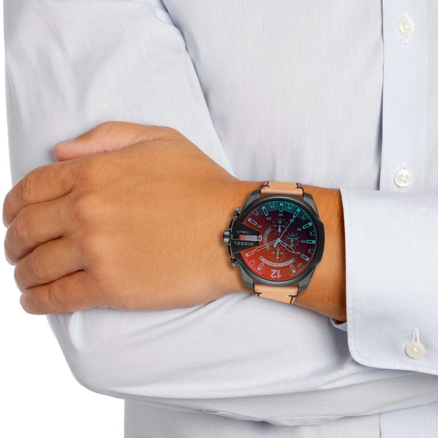 Diesel Mega Chief Chronograph Copper Dial Brown Leather Strap Watch For Men - DZ4476