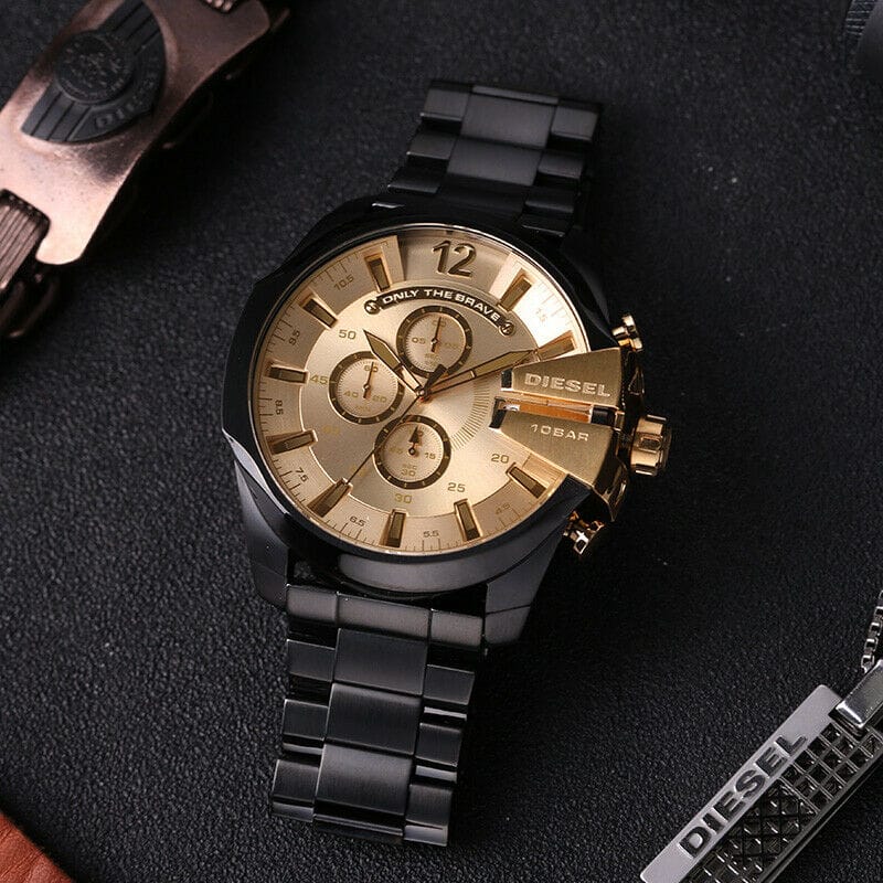 Diesel Mega Chief Chronograph Gold Dial Black Steel Strap Watch For Men - DZ4485