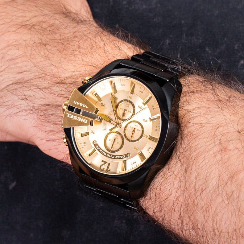 Diesel Mega Chief Chronograph Gold Dial Black Steel Strap Watch For Men - DZ4485