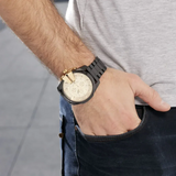 Diesel Mega Chief Chronograph Gold Dial Black Steel Strap Watch For Men - DZ4485