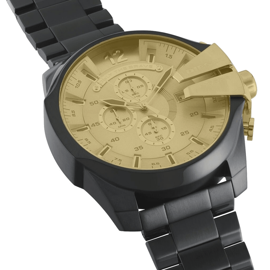 Diesel Mega Chief Chronograph Gold Dial Black Steel Strap Watch For Men - DZ4485